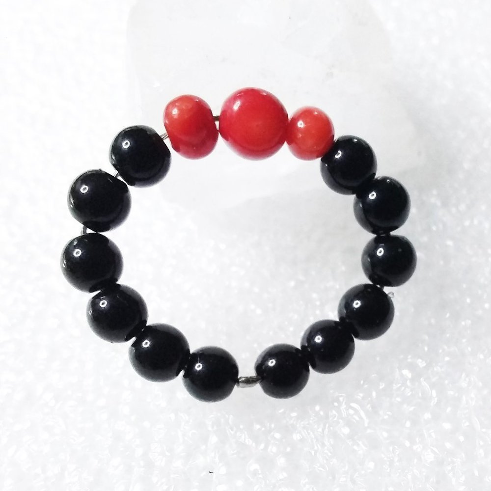 Sexy!!! Dainty Red Coral + Black Stone Beaded Ring S5 - Midi Knuckle Thumb - Picture 2 of 7